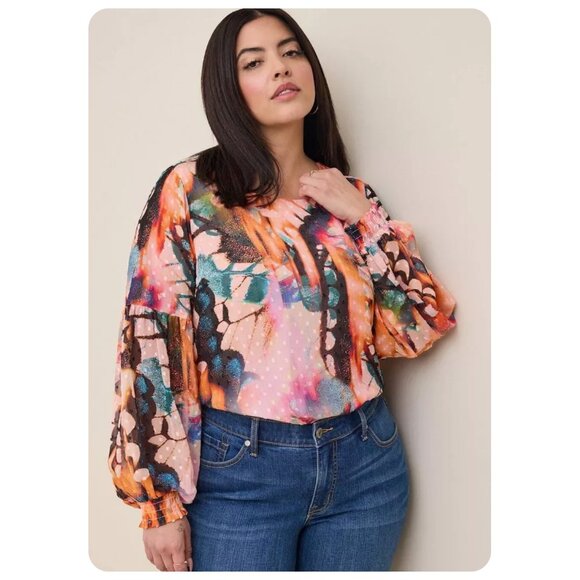 * Torrid Long Sleeve Butterfly Print Clip Dot Blouson Blouse sz 1 - Picture 1 of 9